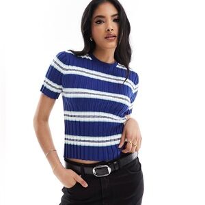 ASOS DESIGN crew neck knitted baby tee in navy stripe - US 2
